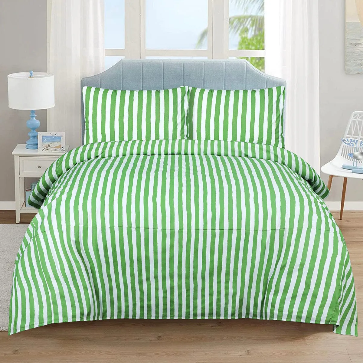 BED SHEET GREEN STRIPE-QUEEN