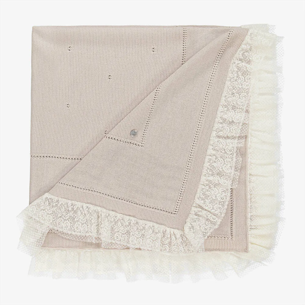 Beige Ivory Knit & Lace Blanket (109cm)