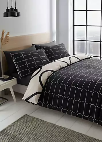 Catherine Lansfield Linear Curve Geometric Black Duvet Cover & Pillowcase Set | Kaleidoscope