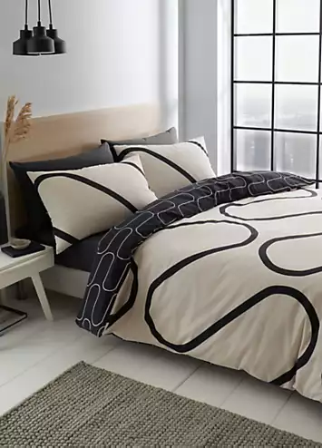 Catherine Lansfield Linear Curve Geometric Black Duvet Cover & Pillowcase Set | Kaleidoscope