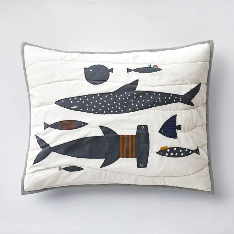 Crate&Barrel Shark School Embroidered Cotton Kids Pillow Sham