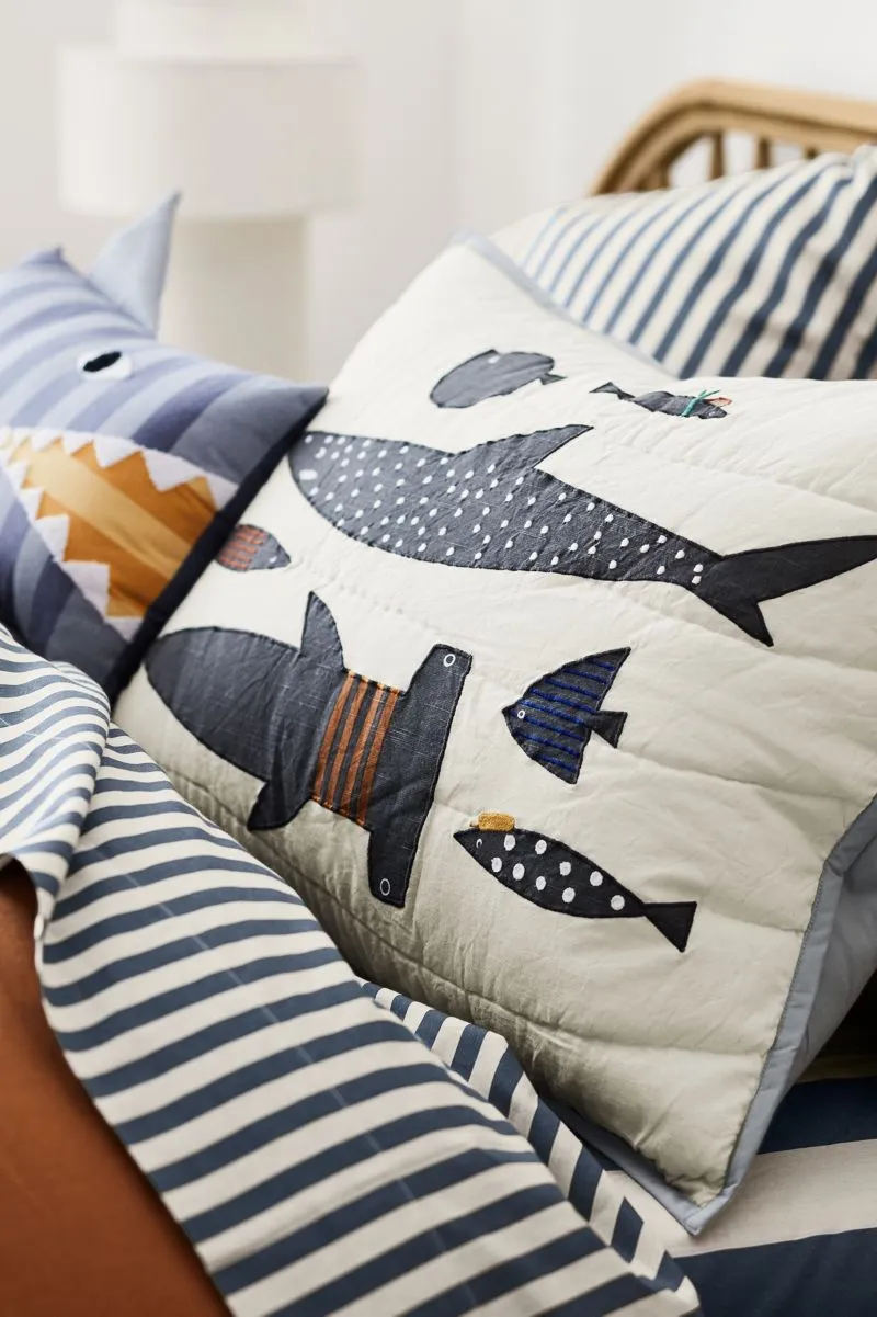 Crate&Barrel Shark School Embroidered Cotton Kids Pillow Sham