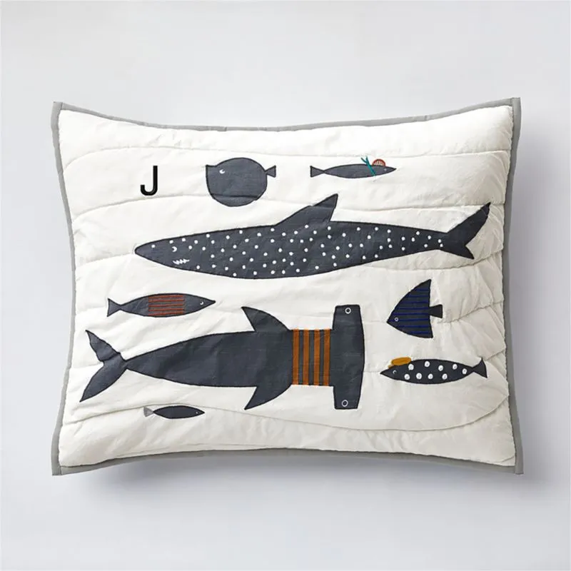 Crate&Barrel Shark School Embroidered Cotton Kids Pillow Sham