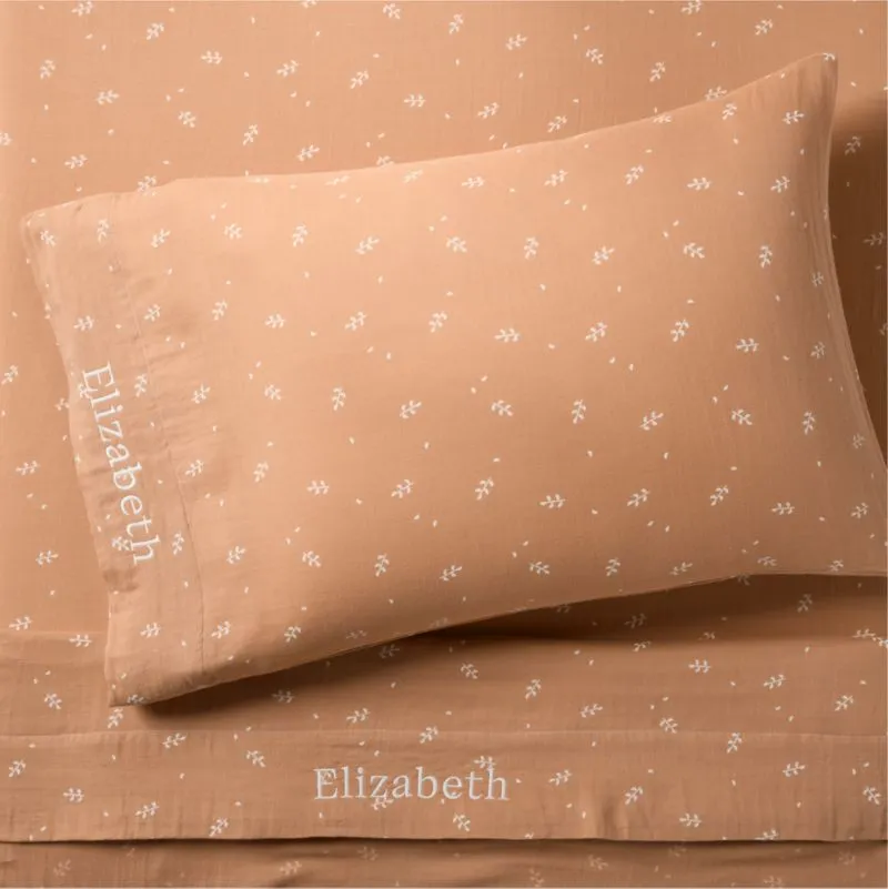 Crate&Barrel Supersoft Terracotta Leaf Print Organic Cotton Gauze Kids Twin Sheet Set