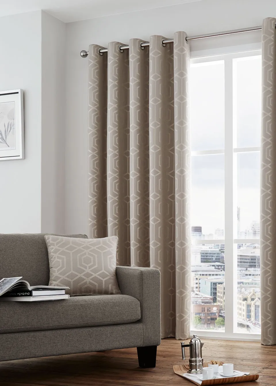 Curtina Camberwell Jacquard Stone Eyelet Curtains