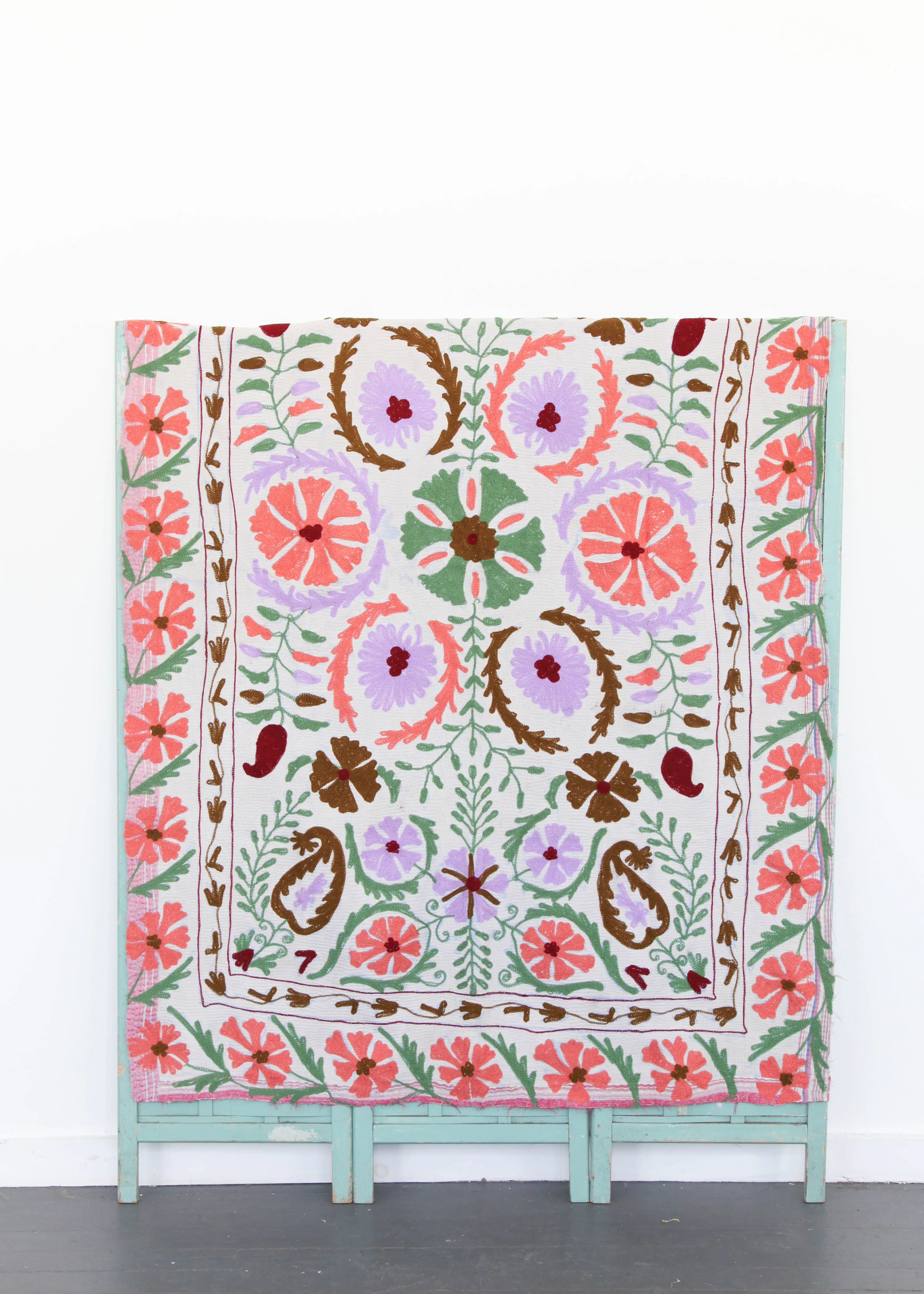 Kantha Quilt - White w/ Coral, Lilac, Green and Purple Chain Stitch Embroidery