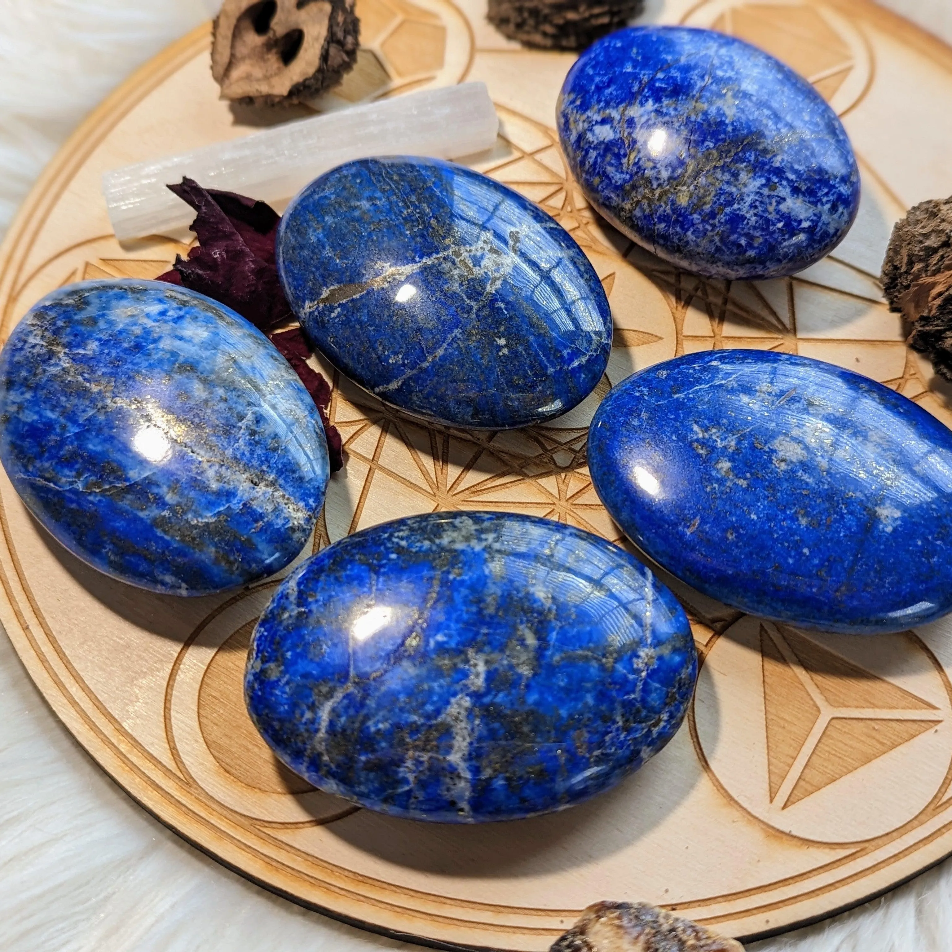 Lapis Lazuli in a Rich Pyrite Matrix ~ Large Pillow Palm Stone Carvings ~ Throat Chakra Healing