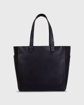 Leather Tote with Trolley Strap in Navy