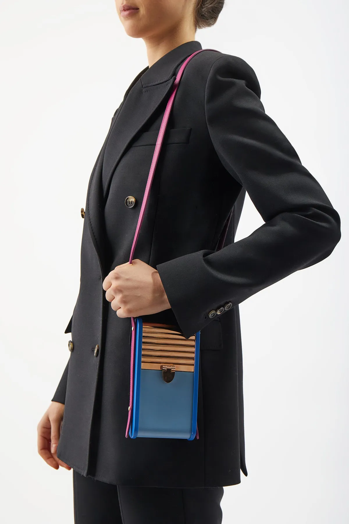 Mabel Crossbody Phone Case in Pale Blue, Cobalt & Violet Nappa Leather