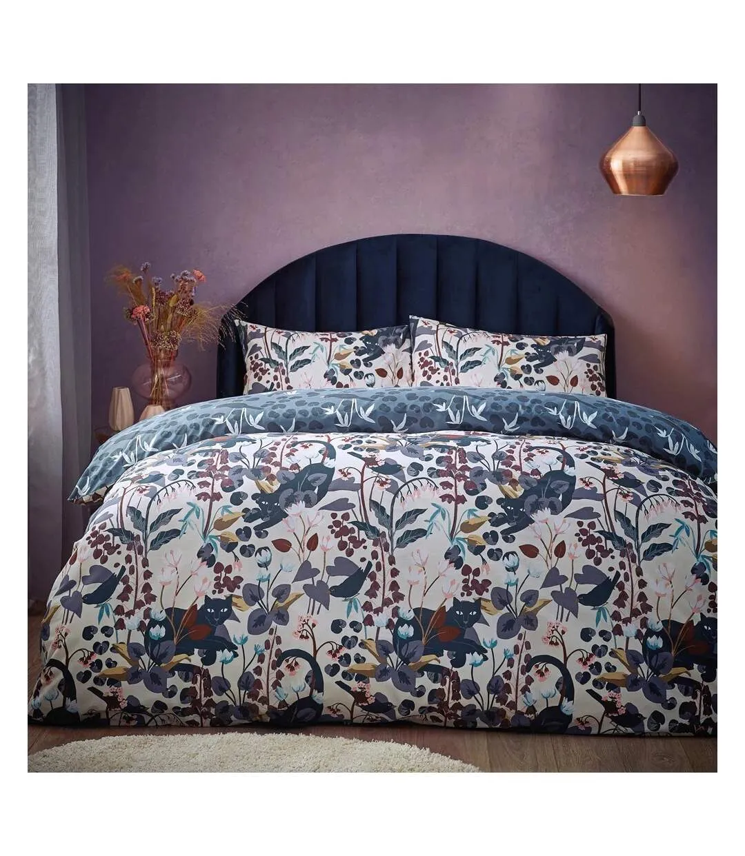 Midnight reversible panther duvet cover set dusky blue Furn