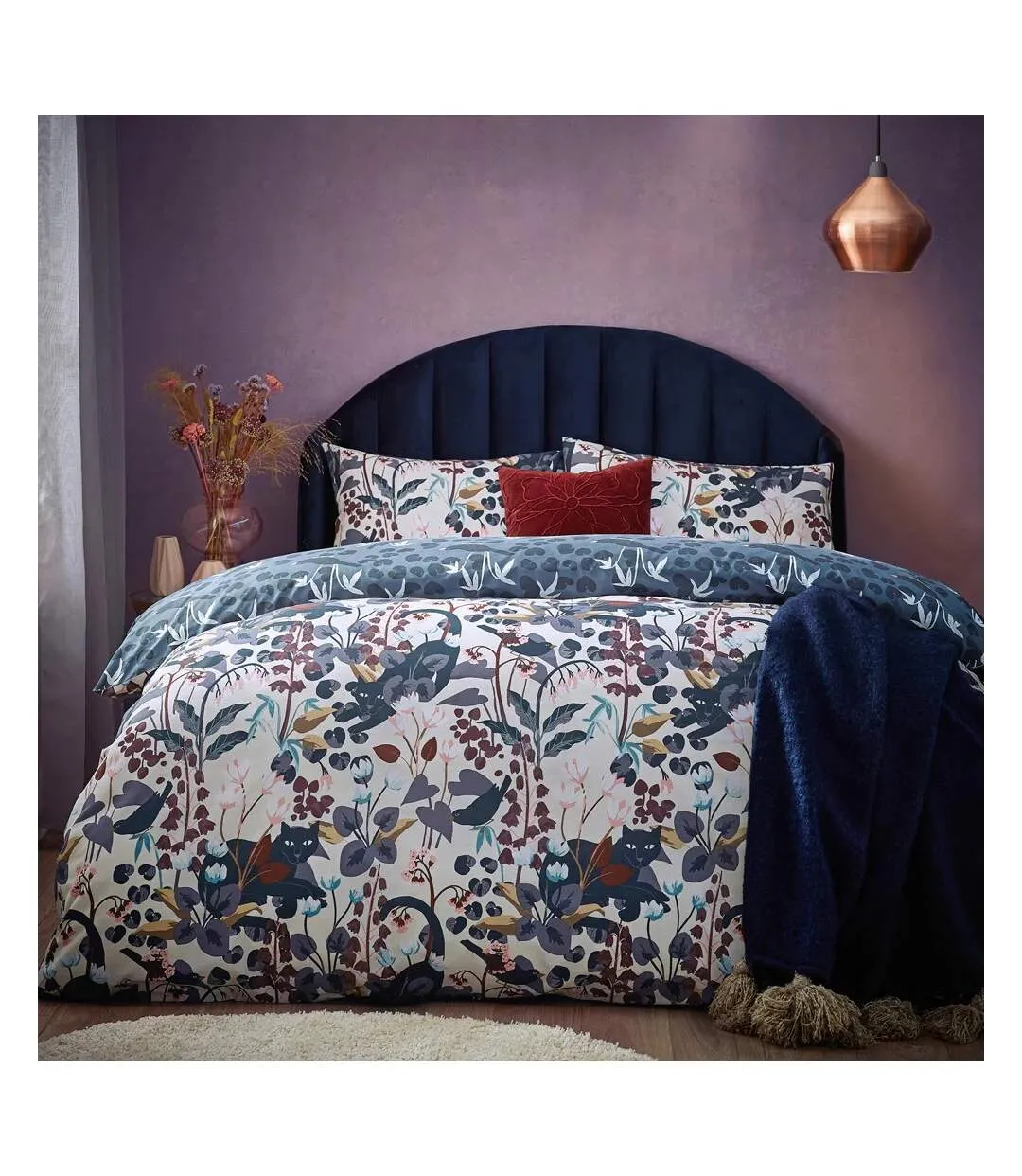 Midnight reversible panther duvet cover set dusky blue Furn