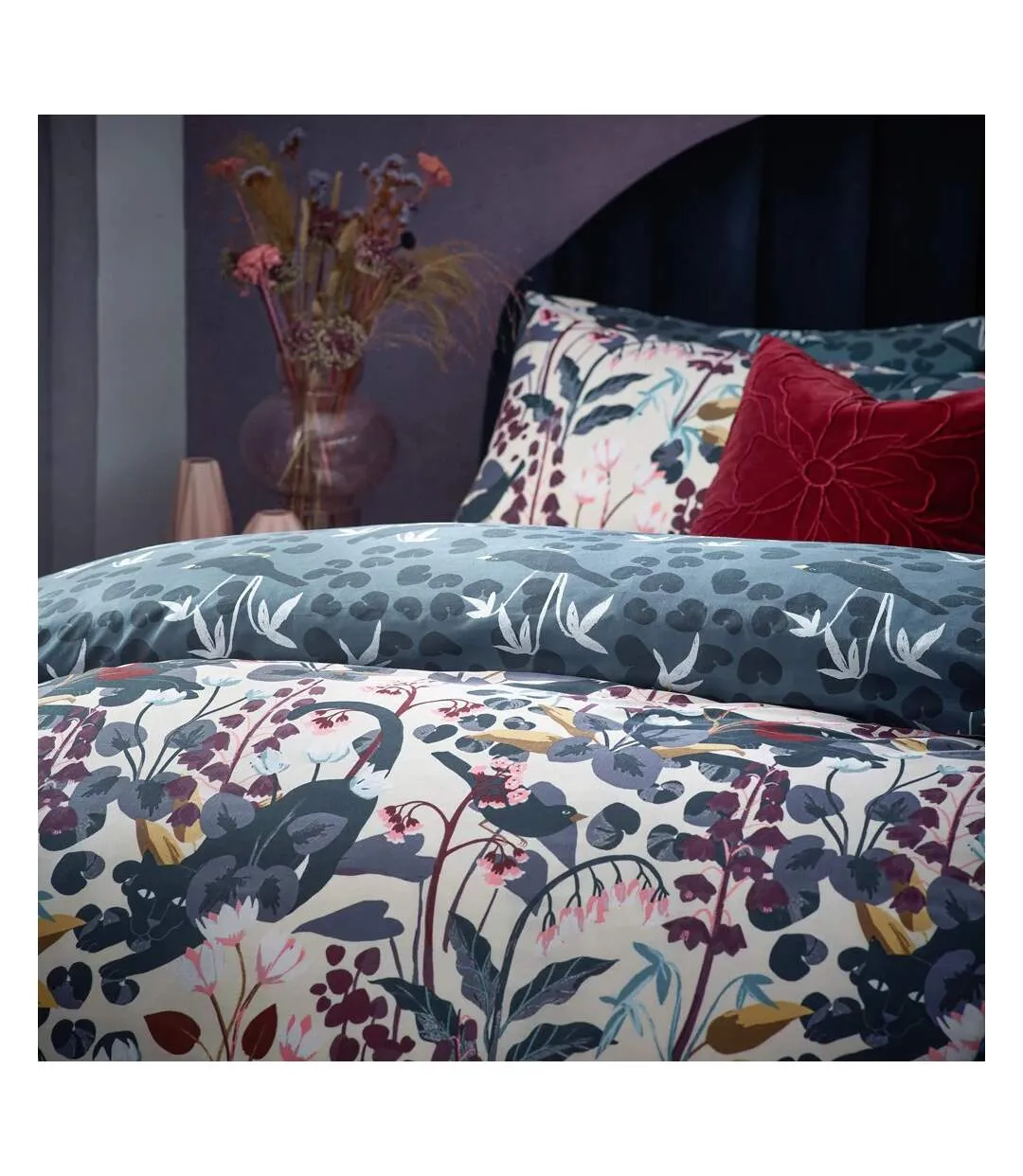 Midnight reversible panther duvet cover set dusky blue Furn