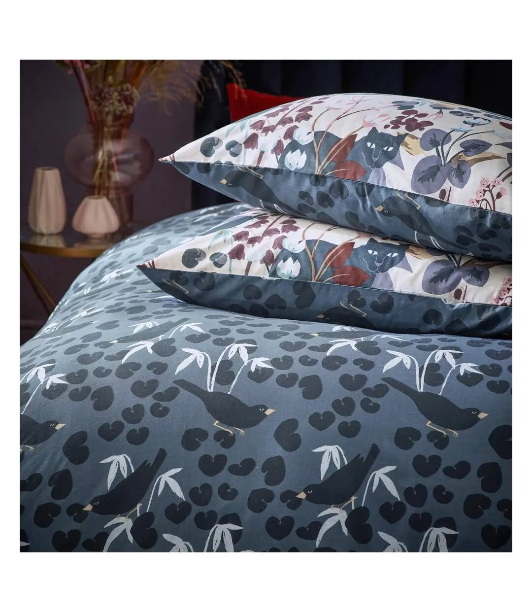 Midnight reversible panther duvet cover set dusky blue Furn