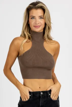 MOCHA TURTLENECK SLEEVELESS CROP TOP