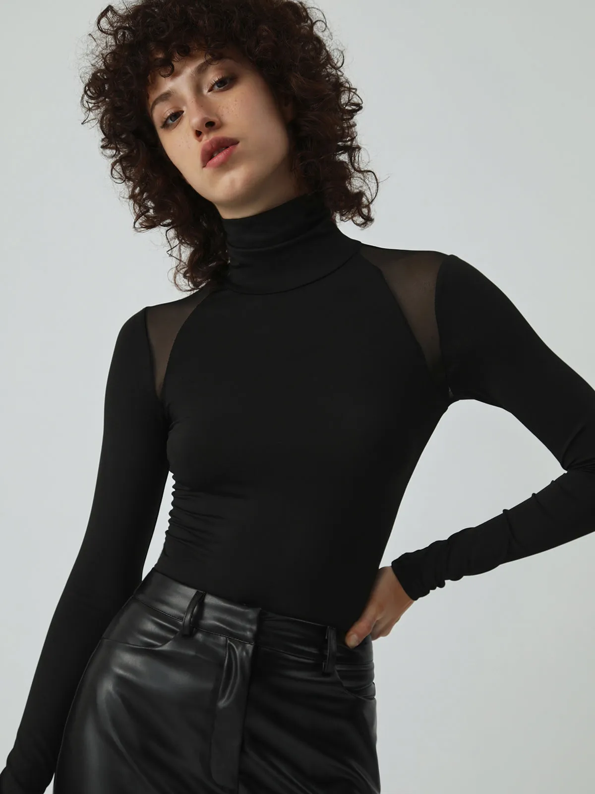 Patchwork Mesh Turtleneck Long Sleeve Bodysuit