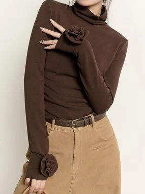 Pleated Turtleneck 3D Flower Slim T-Shirt