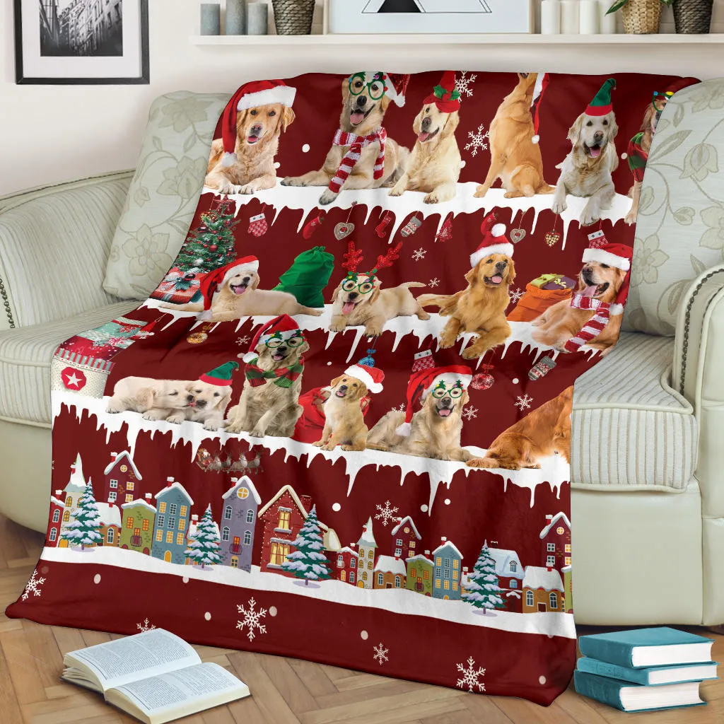 Premium Blanket Golden Retriever Snow Christmas Blanket