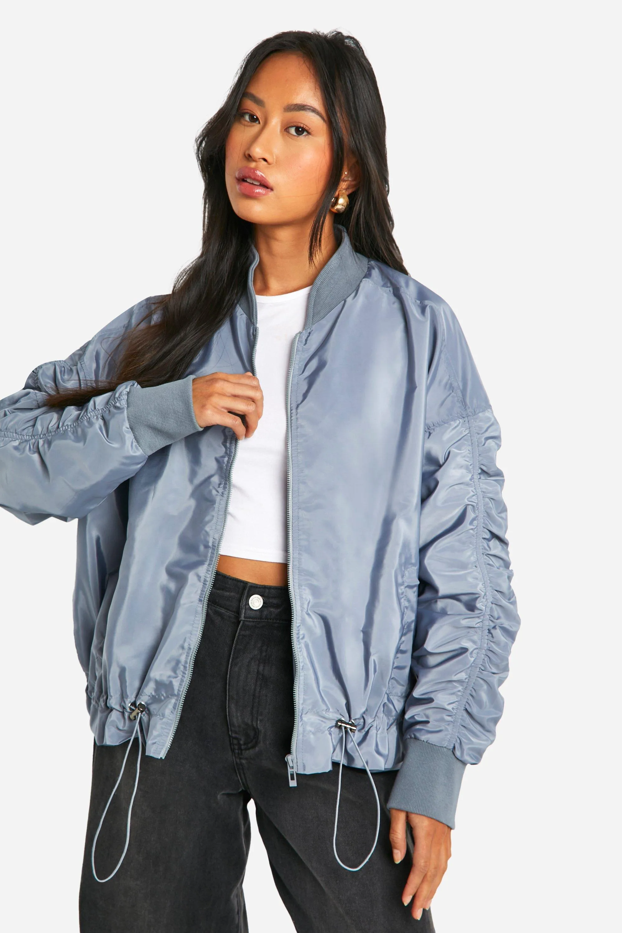 Ruched Sleeve Bomber Jacket