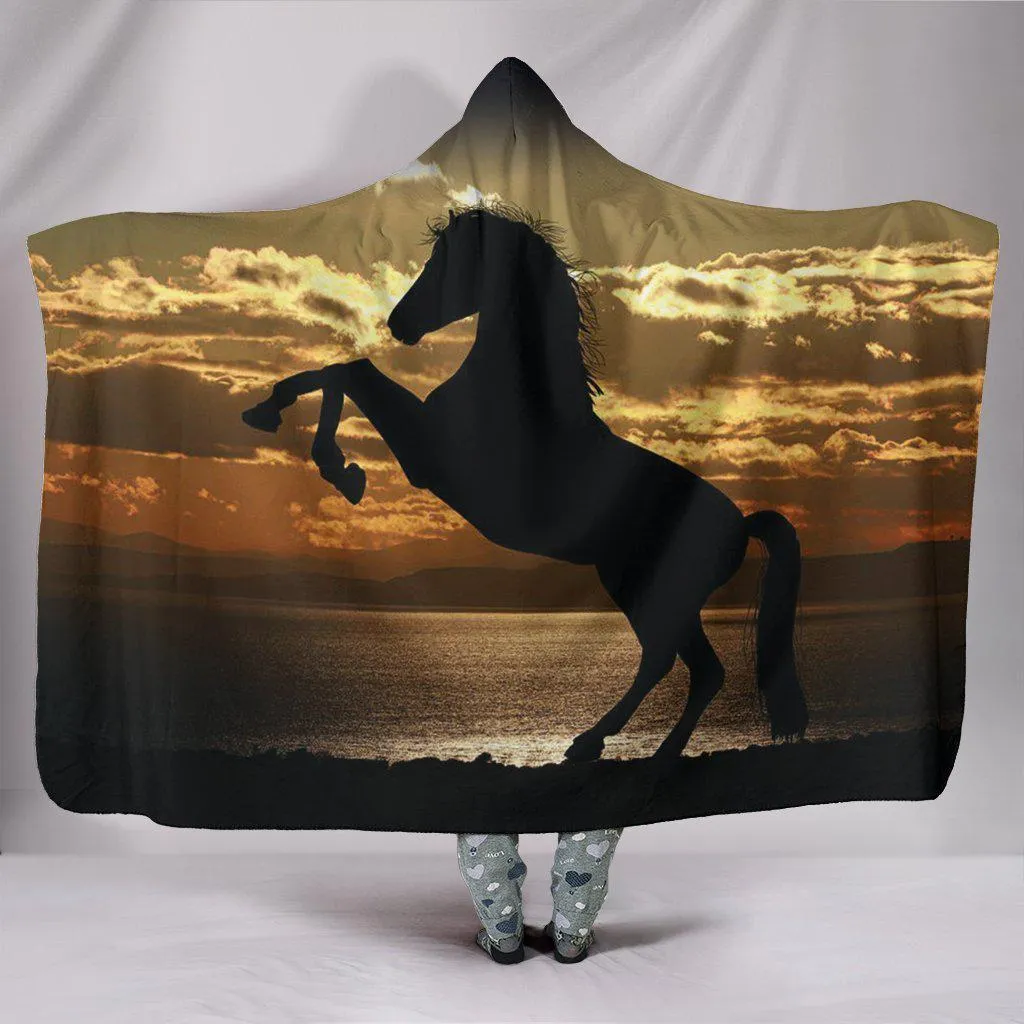 Stallion Horse Ocean Sunset Hooded Blanket