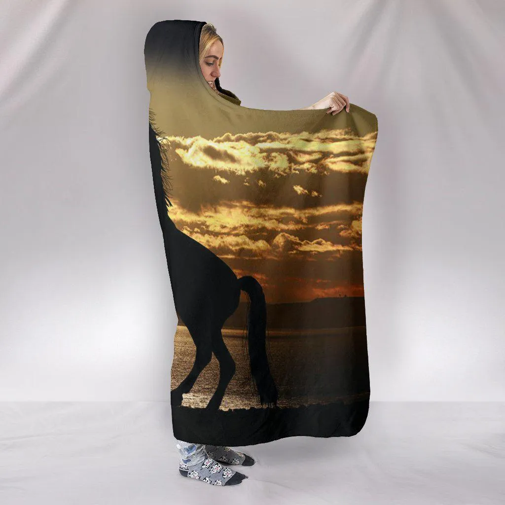 Stallion Horse Ocean Sunset Hooded Blanket