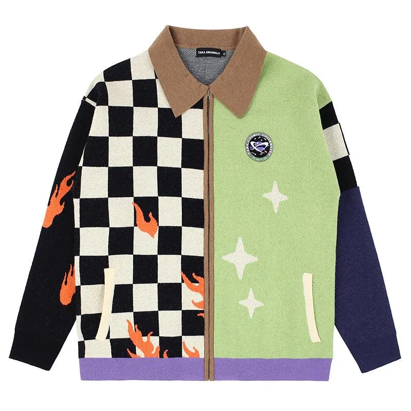 TAKA Original Cosmic Univ. flaming checkboard zipped knitted cardigan