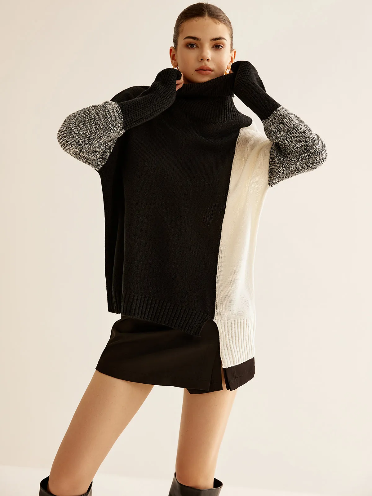 Turtleneck Color Block Knit Top