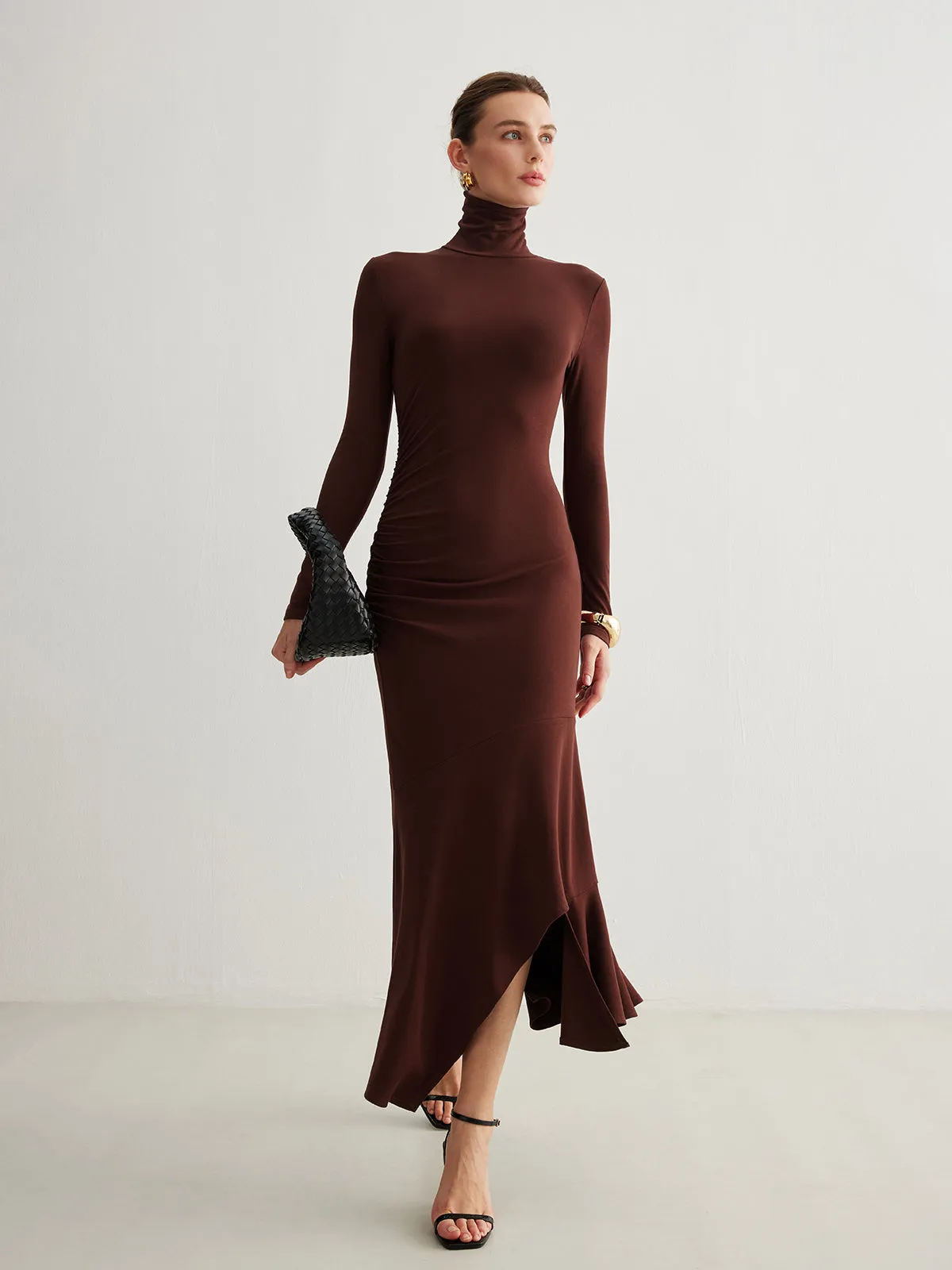 Turtleneck Irregular Pleated Long Dress