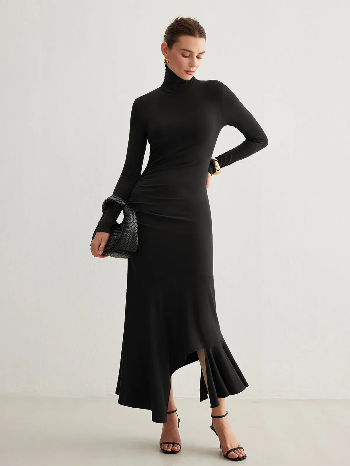 Turtleneck Irregular Pleated Long Dress