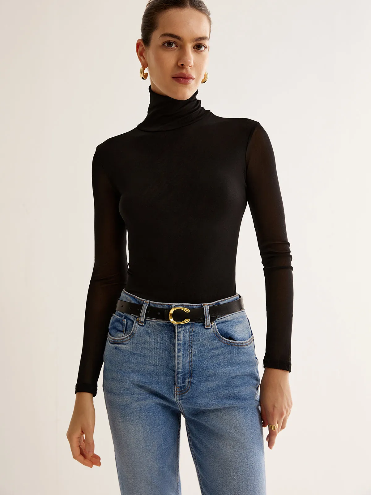 Turtleneck Sheer Sleeve Jersey Top