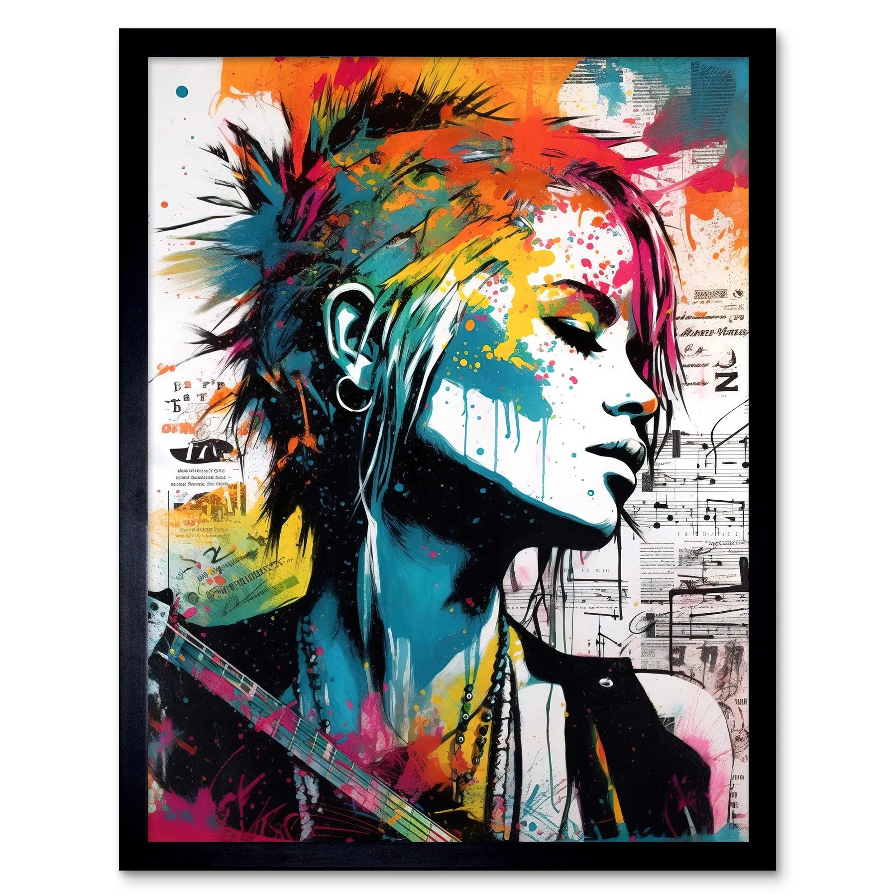 Wall Art & Pictures | Wall Art Print Emo Woman Electric Guitar Sheet Music Upcycle Art Splatter Paint Modern Painting Art Fr